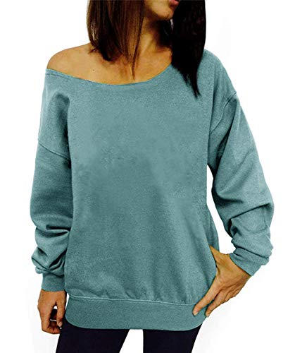 Women Off Shoulder Sweatshirt Slouchy Shirt Long Sleeve Pullover Tops Blue