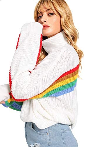 Women's High Neck Batwing Sleeve Striped Rainbow Pullovers Sweaters