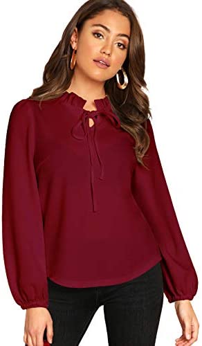 Women's Long Sleeve Front Bow Tie Ruffle Collar Elegant Blouse Shirt Tops