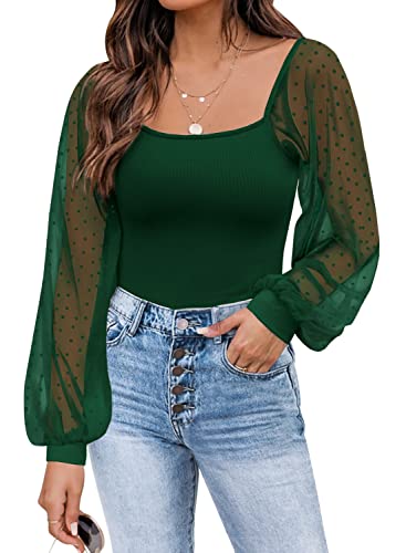 Women's Puff Sleeve Tops Mesh Sexy Casual Tee Shirts Blouses