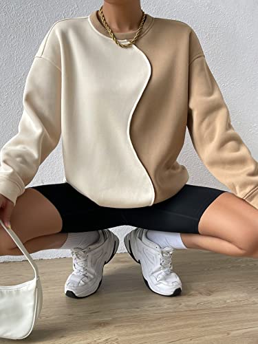 Women's Color Block Crew Neck Oversized Sweatshirt Drop Shoulder Casual Pullover