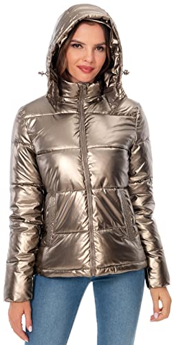 Women's Winter Hooded Shiny Puffer Jacket Casual Warm Quilted Full Zip Short Bubble Padded Coat (as1, alpha, s, regular, regular, Dark Gold, Small)