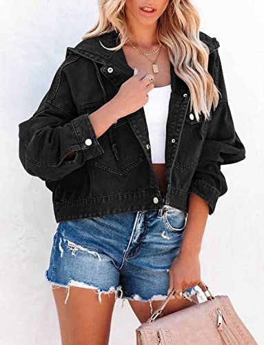 Denim Jacket for Women Distressed Ripped Frayed Crop Jean Jacket American Flag Long Sleeve Light Blue Button Closure Bike Coat