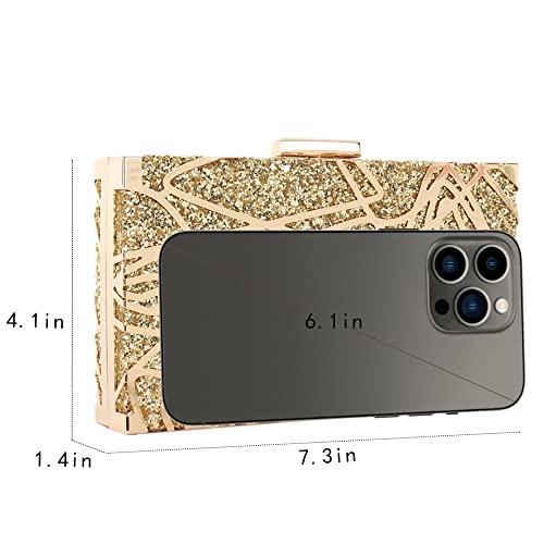 Women Lattice Pattern Metal Handbag Chain Geometric Evening Clutch Purse, Gold