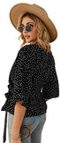 Women's Casual Polka-Dot 3/4 Sleeve V-Neck Blouse Tie Waist Pullover Top