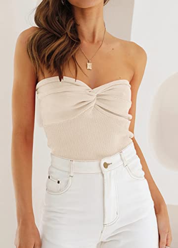 Women's  Apricot Strapless Crop Top - Sweetheart Neck, Ribbed Sleeveless, Trendy Going Out & Summer Outfit