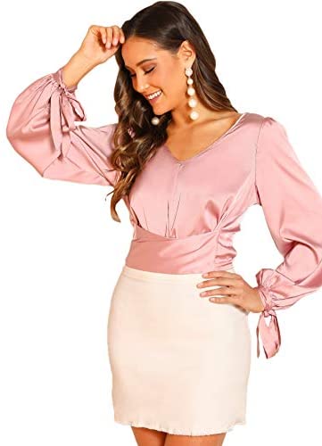 Women's Elegant V Neck Self Tie Knot Long Sleeve Satin Blouse Shirt Top