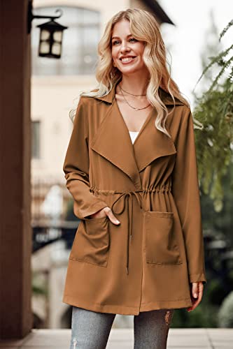 Women's Casual Lightweight Jackets Long Sleeve Drawstring Waist Lapel Trench Coat Outwear with Pockets