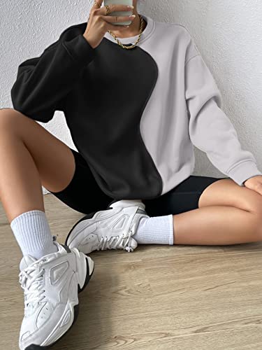 Women's Color Block Crew Neck Oversized Sweatshirt Drop Shoulder Casual Pullover