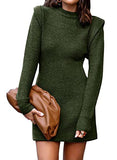 Women Sweater Bodycon Short Dress Long Sleeve Crew Neck Slim Fit Solid Dressy Fall Winter Mini Ribbed Knit Dresses(Solid Dark Coffee, Large)