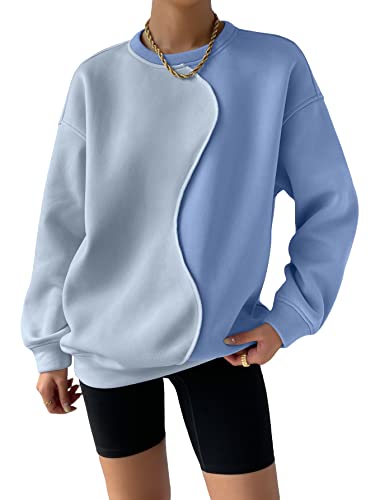 Women's Color Block Crew Neck Oversized Sweatshirt Drop Shoulder Casual Pullover