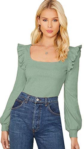 Women's Long Sleeve Scoop Neck Ruffle Trim Top Blouse Lantern Sleeve Solid Tee