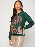 Women's Figure Graphic Print Sweatshirt Round Neck Long Sleeve Contrast Color Graffiti Pullovers Brown L