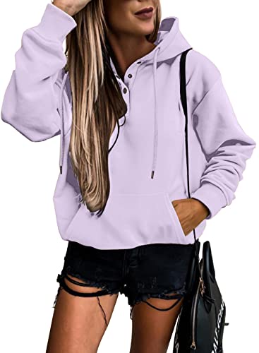 Womens Casual Hoodies Long Sleeve Drawstring Lightweight Solid Hooded Sweatshirt Button Loose Pullover Tops Fall Clothes with Pocket