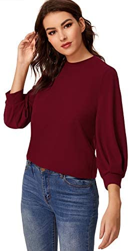 Women's 3/4 Long Sleeve Casual Office Blouse for Work Round Neck Top Plain Shirt