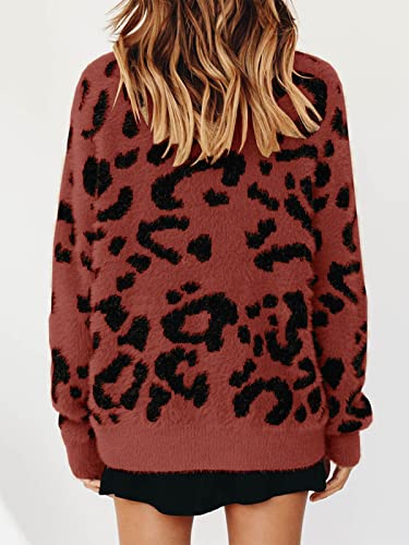 Womens Leopard Crewneck Sweater Oversized Casual Loose Basic Sherpa Pullover Knit Jumper