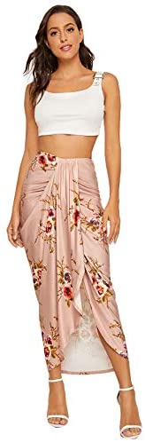 Women's Floral Slit Wrap Asymmetrical Elastic High Waist Maxi Draped Skirt