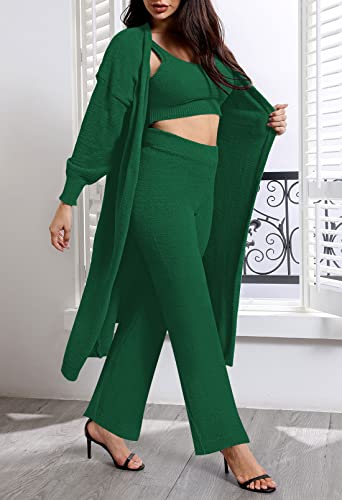 Womens Fuzzy Fleece 3 Piece Pajama Set Tank Crop Tops Pants Open Front Cardigan Lounge Outfit Light Blue S