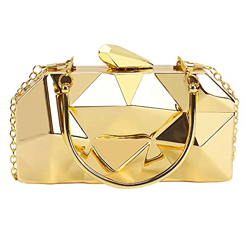 Women Lattice Pattern Metal Handbag Chain Geometric Evening Clutch Purse, Gold