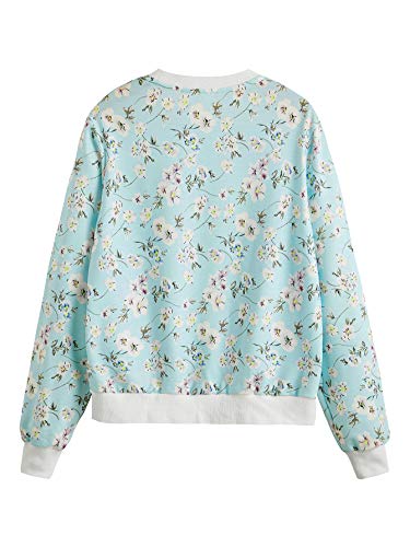 Women's Casual Floral Print Long Sleeve Pullover Tops Baby Blue