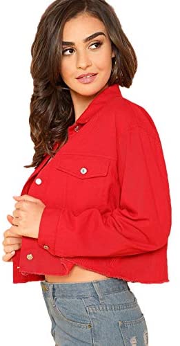 Women's Basic Long Sleeve Button Down Ripped Denim Jacket Outerwear