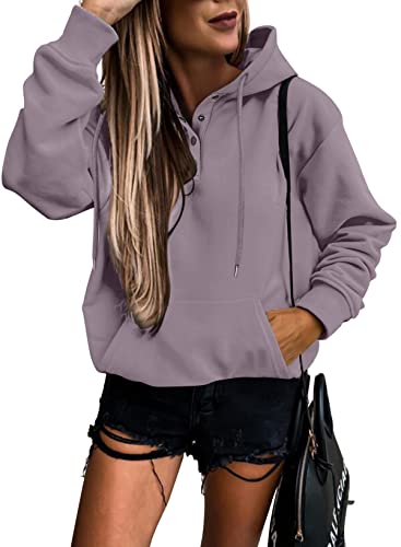 Womens Casual Hoodies Long Sleeve Drawstring Lightweight Solid Hooded Sweatshirt Button Loose Pullover Tops Fall Clothes with Pocket
