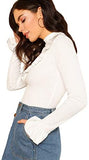Women's Flounce Long Sleeve Ruffle Trim T Shirts Ribbed Knit Tops Blouses