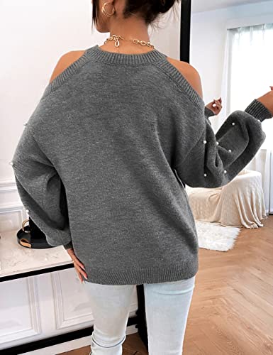 Women's Chunky Sweater Crewneck Sweatshirt Knit Lantern Sleeve Oversized Pullover Sweater with Pearls (Large, Grey)
