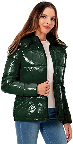 Women's Winter Hooded Shiny Puffer Jacket Casual Warm Quilted Full Zip Short Bubble Padded Coat (as1, alpha, s, regular, regular, Dark Gold, Small)