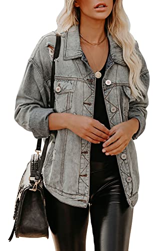 Denim Jacket for Women Distressed Ripped Frayed Crop Jean Jacket American Flag Long Sleeve Light Blue Button Closure Bike Coat