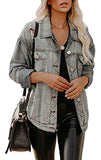 Denim Jacket for Women Distressed Ripped Frayed Crop Jean Jacket American Flag Long Sleeve Light Blue Button Closure Bike Coat