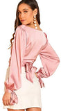 Women's Elegant V Neck Self Tie Knot Long Sleeve Satin Blouse Shirt Top