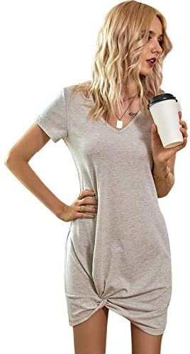 Women's Twist Dress V Neck Cut Out T Shirt Dress Short Sleeve Mini Midi Dresses