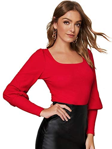 Women's Solid Scoop Neck Blouse Leg-of-Mutton Long Sleeve Tee Tops