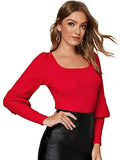 Women's Solid Scoop Neck Blouse Leg-of-Mutton Long Sleeve Tee Tops