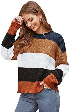 Women's Long Sleeve Pullovers Tie Back Color-Block Striped Sweater