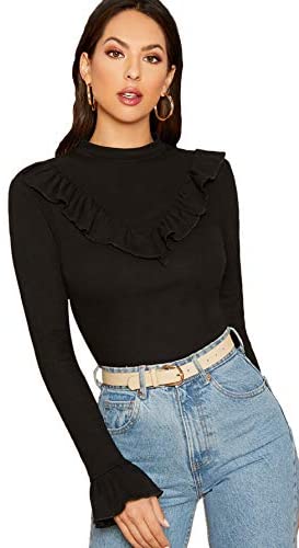Women's Flounce Long Sleeve Ruffle Trim T Shirts Ribbed Knit Tops Blouses