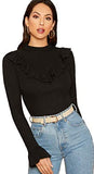 Women's Flounce Long Sleeve Ruffle Trim T Shirts Ribbed Knit Tops Blouses
