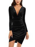 Cocktail Formal Fall Dresses for Women Wedding Guest Winter 2022 Short Homecoming Dresses Burgundy Elegant Velvet Mini Deep V Neck Long Sleeve Bodycon Ruched Dress