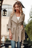 Women's Casual Lightweight Jackets Long Sleeve Drawstring Waist Lapel Trench Coat Outwear with Pockets
