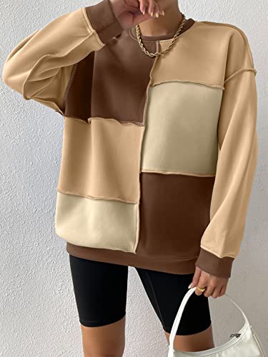 Women's Color Block Crew Neck Oversized Sweatshirt Drop Shoulder Casual Pullover