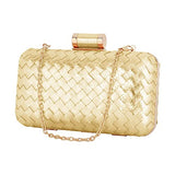 Women Lattice Pattern Metal Handbag Chain Geometric Evening Clutch Purse, Gold