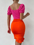 Women's Color Block Cut Out Twist Front Bodycon Mini Dress Ruched Ruffle Sweetheart Puff Sleeve Dresses Orange and Pink Small