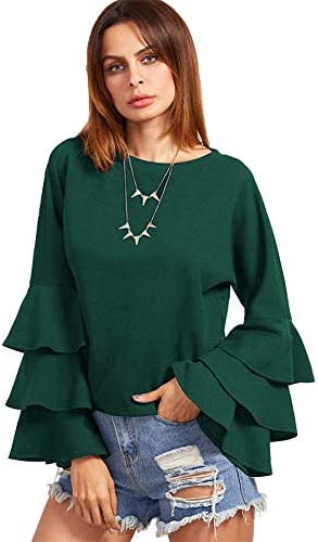 Women's Round Neck Ruffle Long Sleeve Blouse