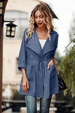 Women's Casual Lightweight Jackets Long Sleeve Drawstring Waist Lapel Trench Coat Outwear with Pockets