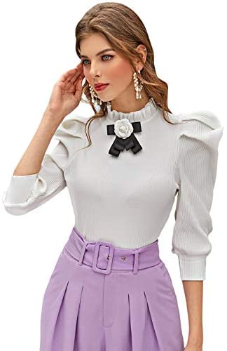 Women's Floral Puff Sleeve Blouse for Work Office Hight Neck Top