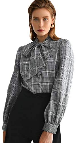 Women's Lantern Long Sleeve Bow Tie Neck Button Up Work Blouses Shirt Top