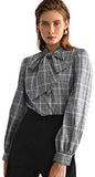 Women's Lantern Long Sleeve Bow Tie Neck Button Up Work Blouses Shirt Top