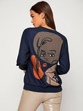 Women's Figure Graphic Print Sweatshirt Round Neck Long Sleeve Contrast Color Graffiti Pullovers Brown L