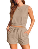 Womens Summer 2 Piece Outfits Short Sets Sleeveless Two Piece Lounge High Waisted Shorts with Pockets,Light Tan